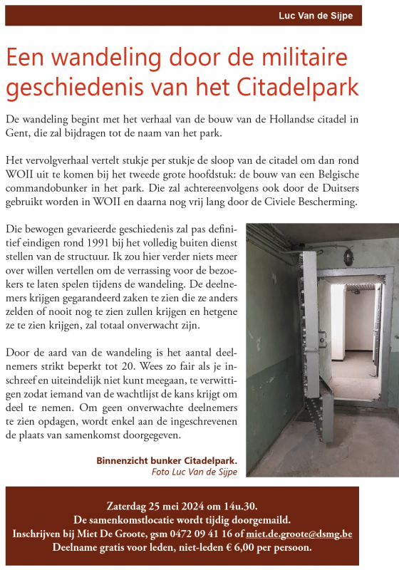 Zaterdag 25 mei Wandeling in Citadelpark met bezoek aan commandobunker