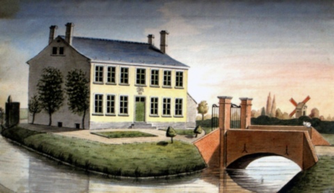 De Pastorie uit 1790 volgens een aquarel van 1844 in het Liber Memorialis van Zaffelare, met rechts de windmolen in de Meulestraete.