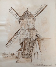Die molen is afgebroken in 1903 tijdens de werken in de haven, tekening Rouquaert, archief Heemkundige Kring De Oost-Oudburg